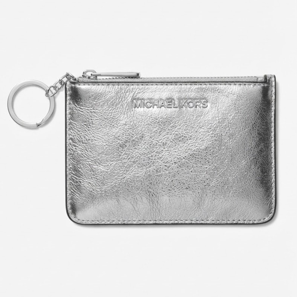 Michael Kors Metallic Silver Leather Jet Set Card Case Key Ring Wallet Zip Pouch